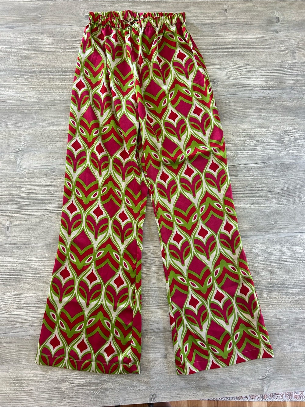 Recreo San Miguel "Pia" Geometric Peacock Print Wide-Leg Pants Size 1 Pink Green